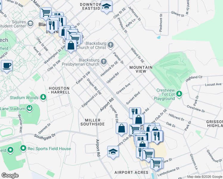 map of restaurants, bars, coffee shops, grocery stores, and more near 907 South Main Street in Blacksburg