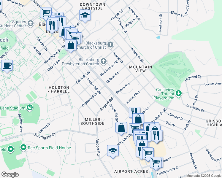 map of restaurants, bars, coffee shops, grocery stores, and more near 907 South Main Street in Blacksburg