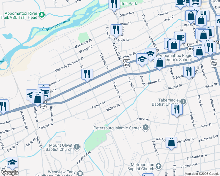 map of restaurants, bars, coffee shops, grocery stores, and more near 929 Rome Street in Petersburg