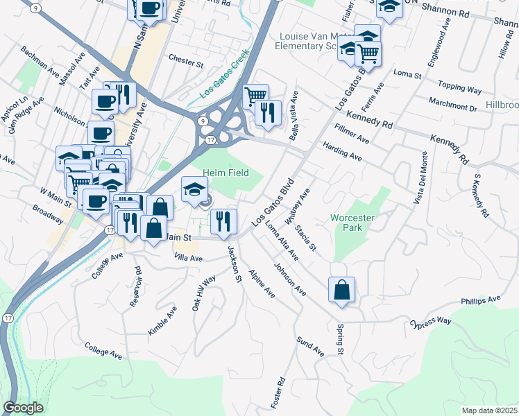 map of restaurants, bars, coffee shops, grocery stores, and more near 101 Los Gatos Boulevard in Los Gatos