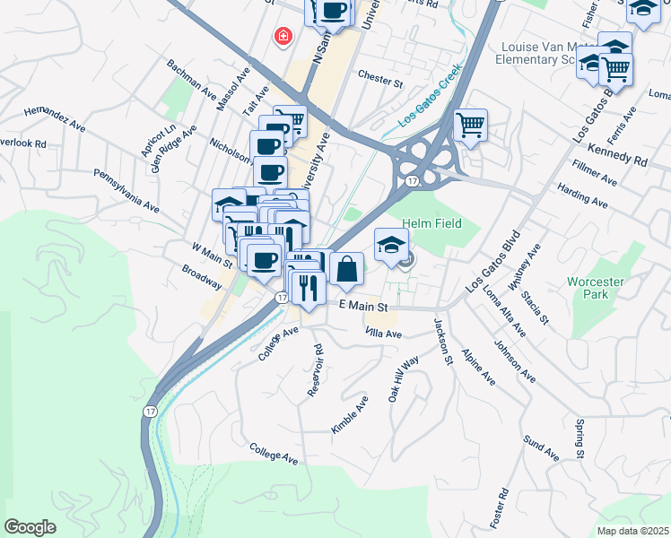 map of restaurants, bars, coffee shops, grocery stores, and more near 75 Church Street in Los Gatos