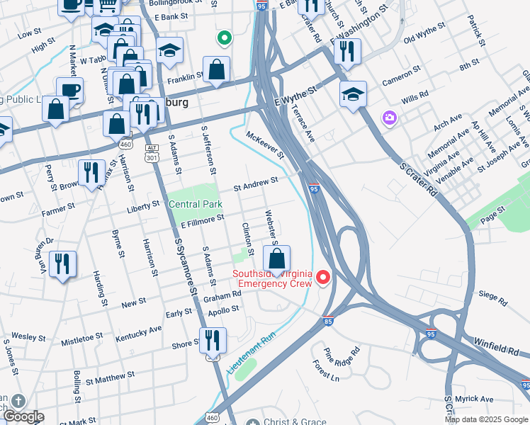 map of restaurants, bars, coffee shops, grocery stores, and more near 404 Webster Street in Petersburg