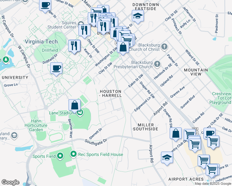map of restaurants, bars, coffee shops, grocery stores, and more near in Blacksburg