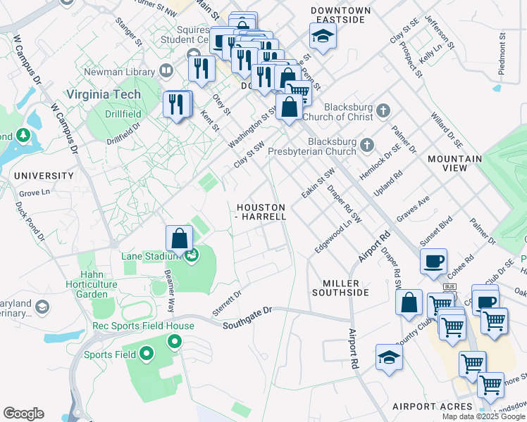 map of restaurants, bars, coffee shops, grocery stores, and more near in Blacksburg