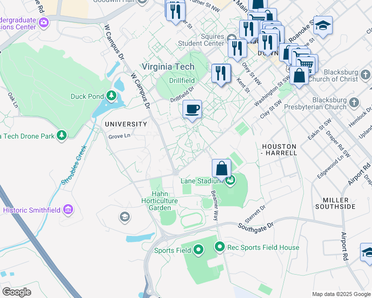 map of restaurants, bars, coffee shops, grocery stores, and more near in Blacksburg