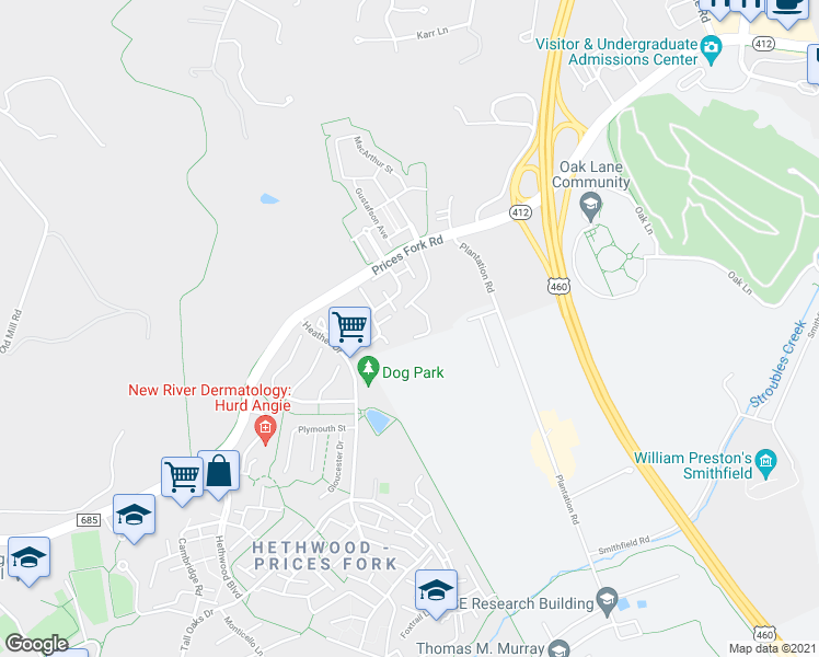 map of restaurants, bars, coffee shops, grocery stores, and more near 100 Yorkshire Court in Blacksburg