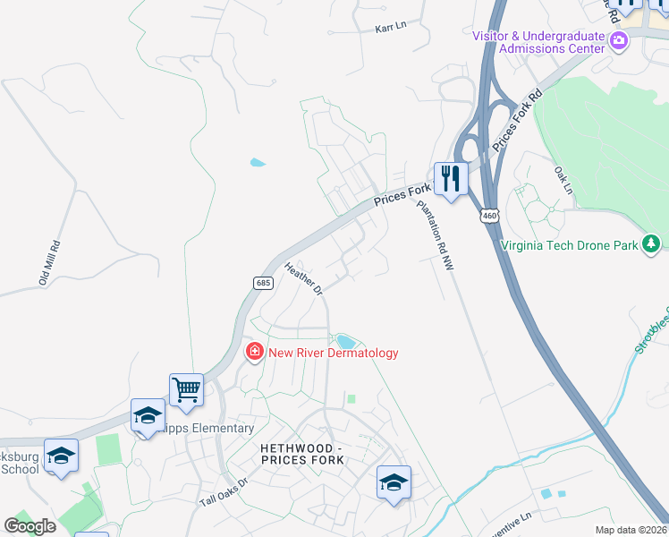 map of restaurants, bars, coffee shops, grocery stores, and more near in Blacksburg