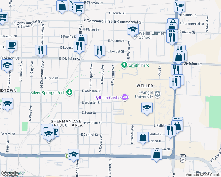 map of restaurants, bars, coffee shops, grocery stores, and more near 1302 North Rogers Avenue in Springfield