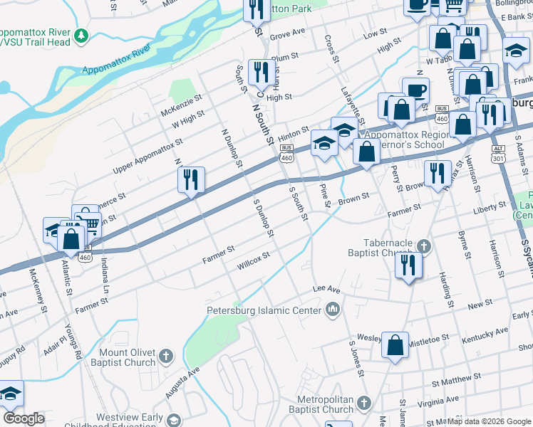 map of restaurants, bars, coffee shops, grocery stores, and more near 852 Rome Street in Petersburg
