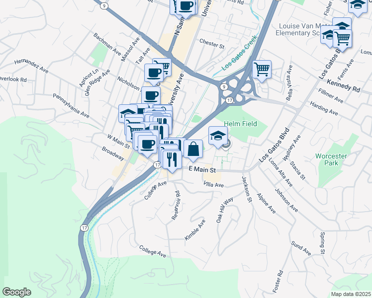 map of restaurants, bars, coffee shops, grocery stores, and more near 95 Church Street in Los Gatos