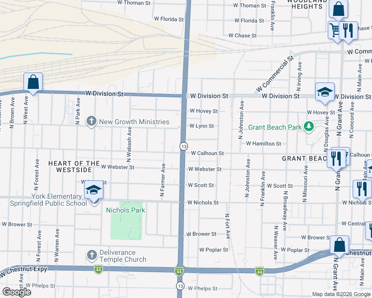 map of restaurants, bars, coffee shops, grocery stores, and more near 1311 North Kansas Expressway in Springfield