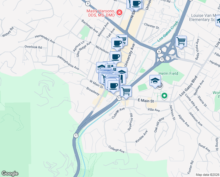 map of restaurants, bars, coffee shops, grocery stores, and more near 140 West Main Street in Los Gatos