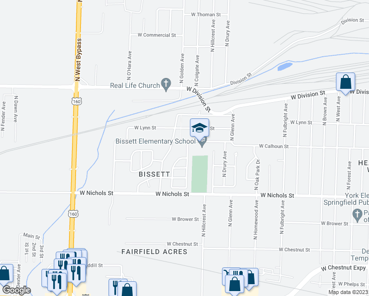 map of restaurants, bars, coffee shops, grocery stores, and more near 1245 North Colgate Avenue in Springfield