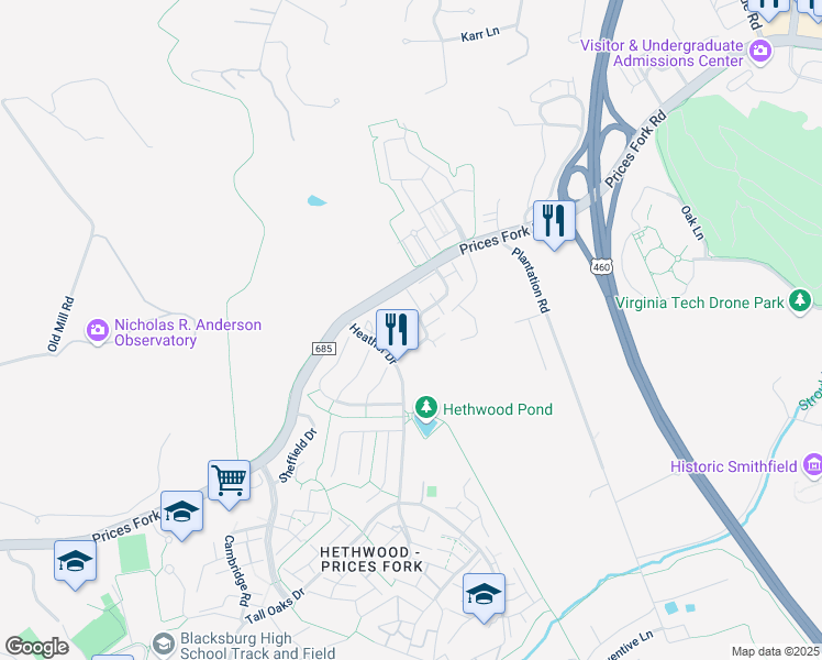 map of restaurants, bars, coffee shops, grocery stores, and more near in Blacksburg