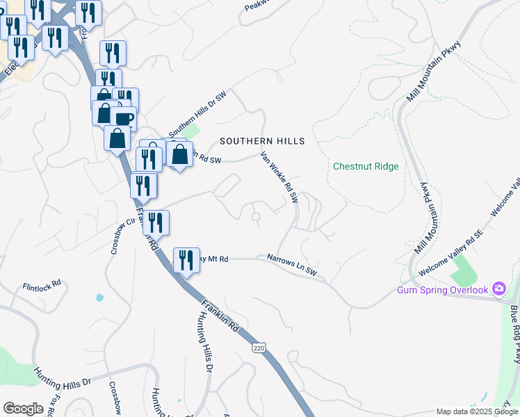 map of restaurants, bars, coffee shops, grocery stores, and more near 4444 Pheasant Ridge Road in Roanoke