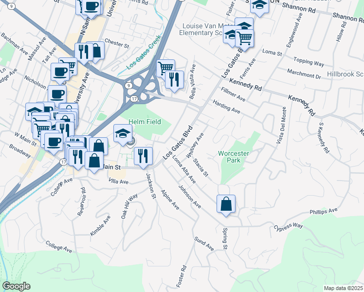 map of restaurants, bars, coffee shops, grocery stores, and more near 16 Stacia Street in Los Gatos