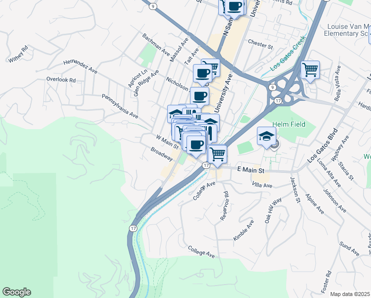 map of restaurants, bars, coffee shops, grocery stores, and more near 2 North Santa Cruz Avenue in Los Gatos