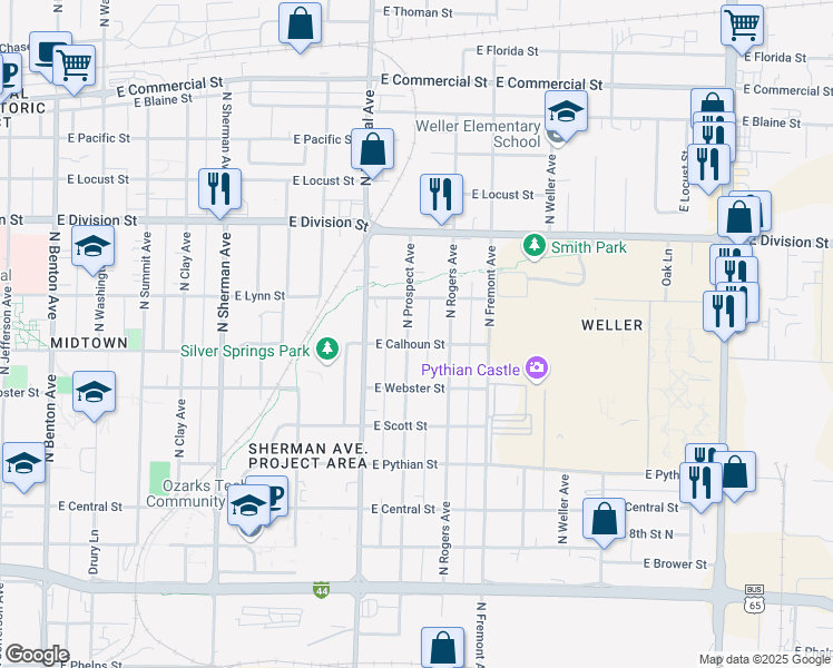 map of restaurants, bars, coffee shops, grocery stores, and more near 1306 North Prospect Avenue in Springfield