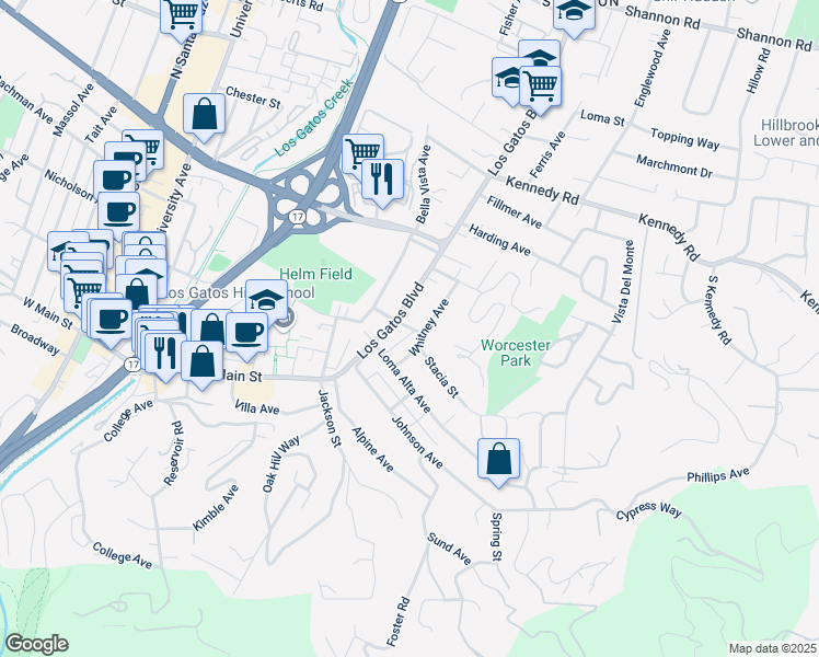 map of restaurants, bars, coffee shops, grocery stores, and more near 16 Stacia St in Los Gatos