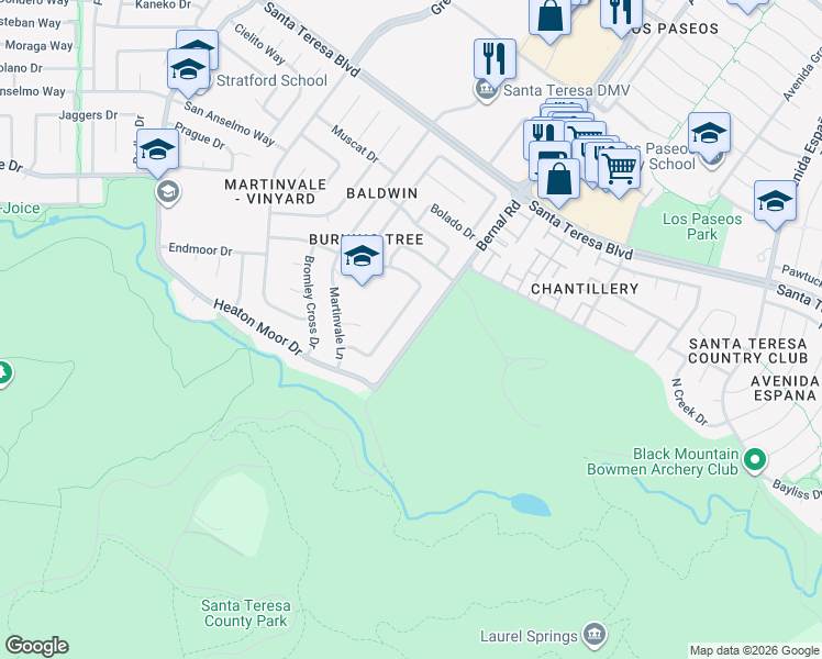 map of restaurants, bars, coffee shops, grocery stores, and more near 269 Bernal Road in San Jose
