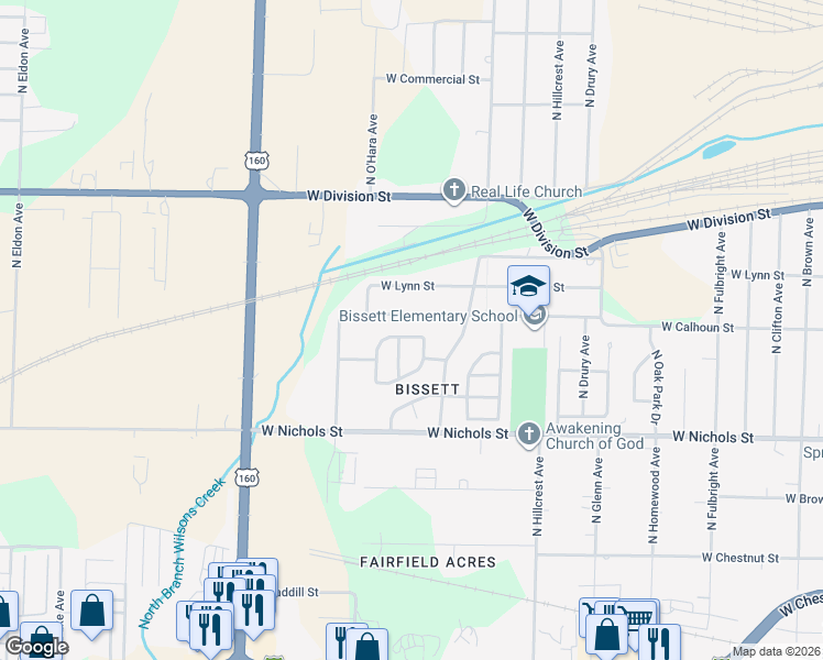map of restaurants, bars, coffee shops, grocery stores, and more near 3215 West Bergman Street in Springfield