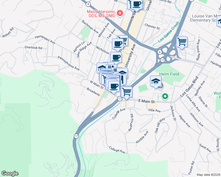 map of restaurants, bars, coffee shops, grocery stores, and more near 140 West Main Street in Los Gatos