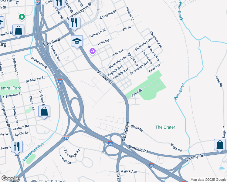 map of restaurants, bars, coffee shops, grocery stores, and more near 620 Windham Street in Petersburg