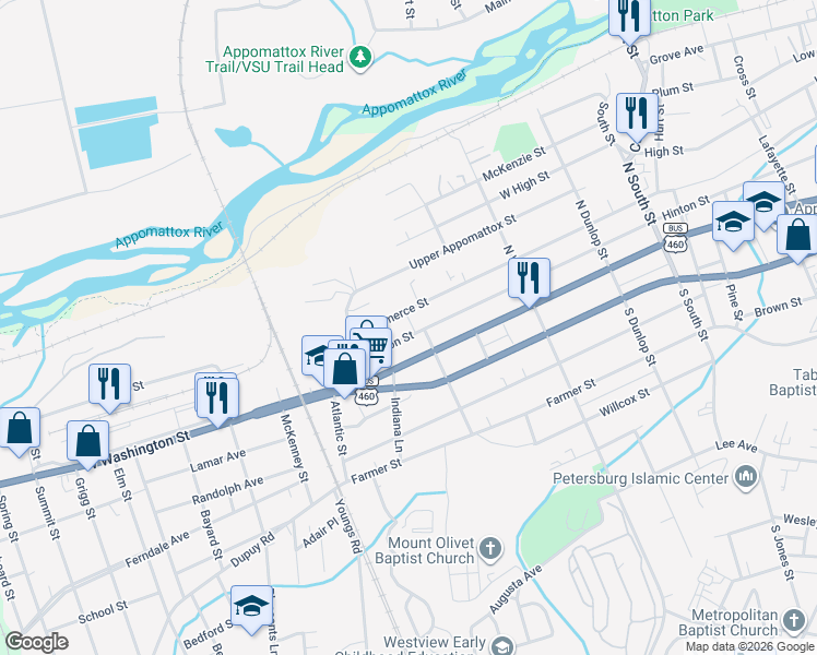 map of restaurants, bars, coffee shops, grocery stores, and more near 1315 Hinton Street in Petersburg