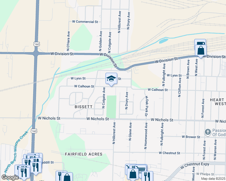 map of restaurants, bars, coffee shops, grocery stores, and more near 3014 West Calhoun Street in Springfield