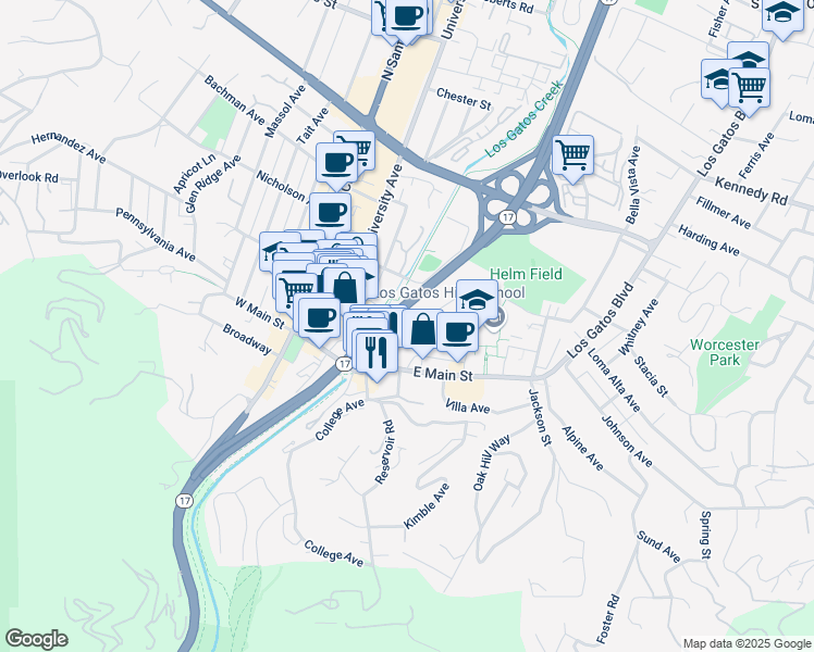 map of restaurants, bars, coffee shops, grocery stores, and more near 75 Church Street in Los Gatos