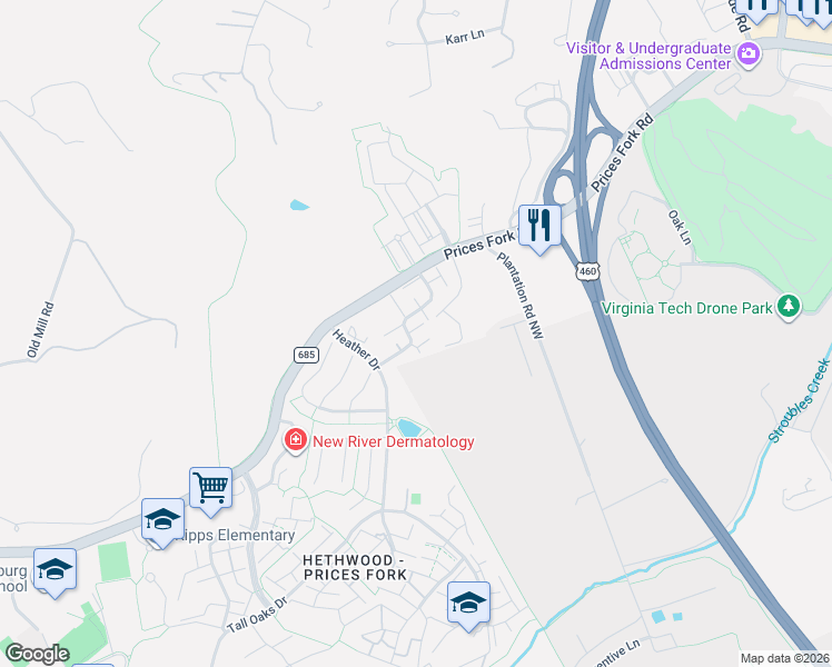 map of restaurants, bars, coffee shops, grocery stores, and more near 100 Yorkshire Court in Blacksburg