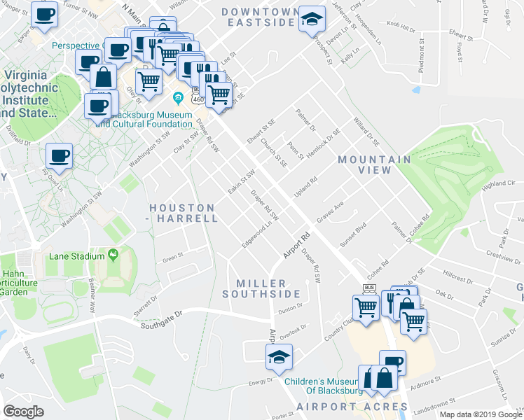 map of restaurants, bars, coffee shops, grocery stores, and more near 802 Draper Road Southwest in Blacksburg