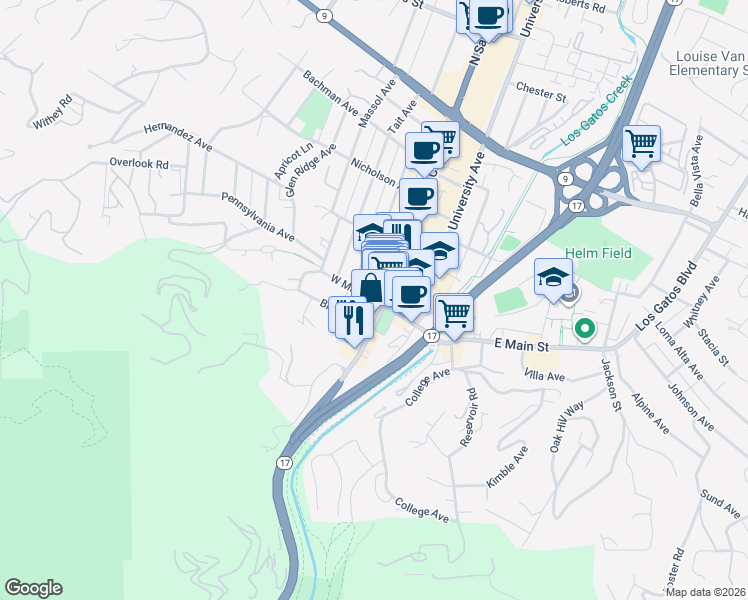 map of restaurants, bars, coffee shops, grocery stores, and more near West Main Street in Los Gatos