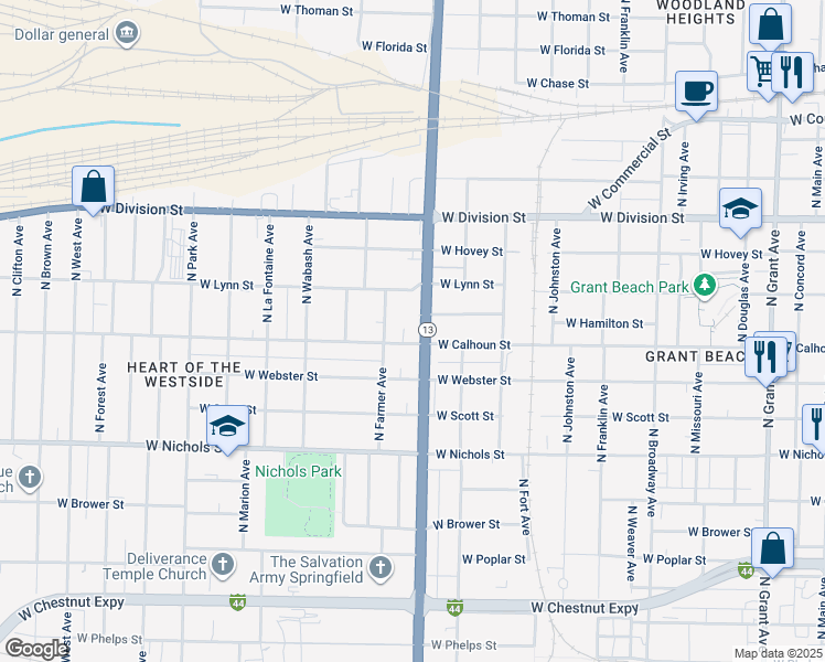 map of restaurants, bars, coffee shops, grocery stores, and more near 1311 North Kansas Expressway in Springfield