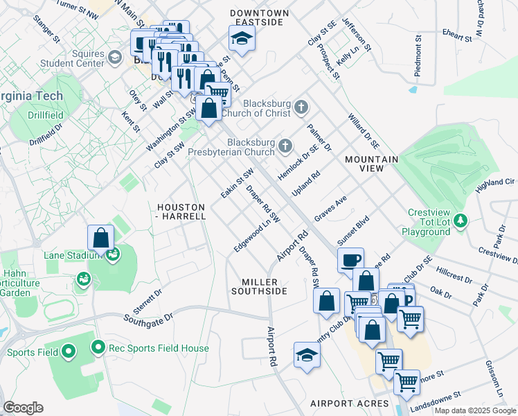 map of restaurants, bars, coffee shops, grocery stores, and more near 802 Draper Road Southwest in Blacksburg