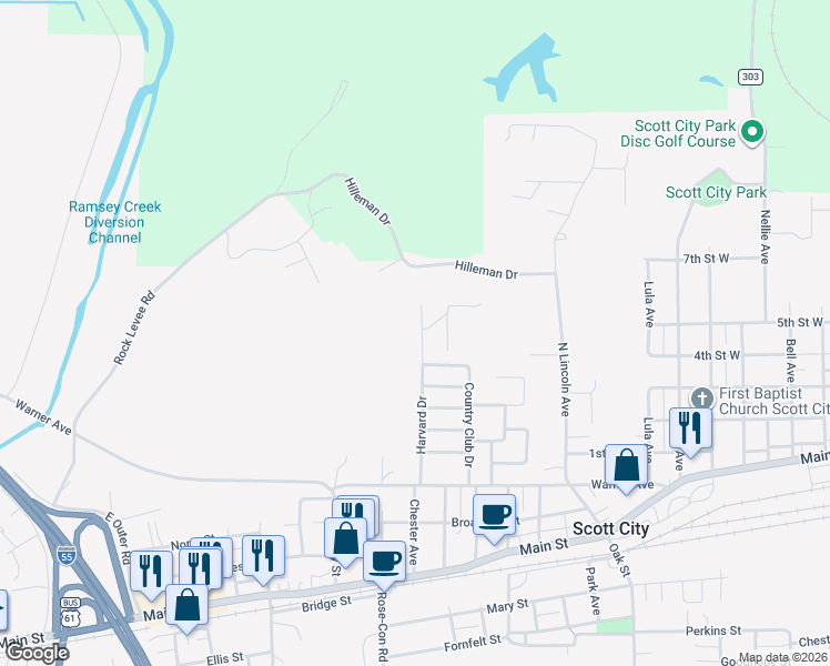 map of restaurants, bars, coffee shops, grocery stores, and more near 607 Harvard Drive in Scott City