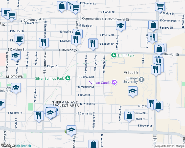 map of restaurants, bars, coffee shops, grocery stores, and more near 1306 North Prospect Avenue in Springfield