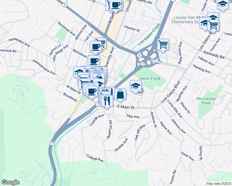 map of restaurants, bars, coffee shops, grocery stores, and more near 95 Church Street in Los Gatos