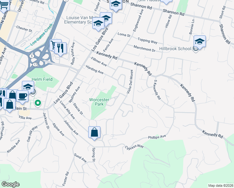 map of restaurants, bars, coffee shops, grocery stores, and more near 100 Worcester Loop in Los Gatos
