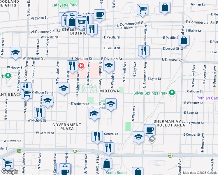 map of restaurants, bars, coffee shops, grocery stores, and more near 525 East Calhoun Street in Springfield