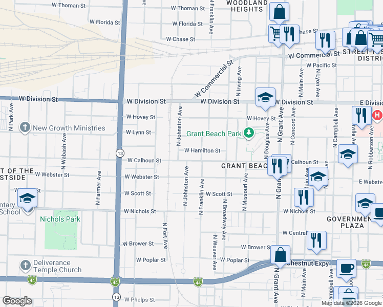 map of restaurants, bars, coffee shops, grocery stores, and more near 1129 West Calhoun Street in Springfield