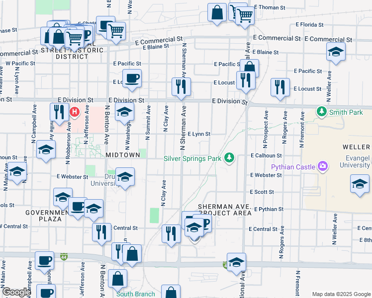 map of restaurants, bars, coffee shops, grocery stores, and more near 1320 North Sherman Avenue in Springfield
