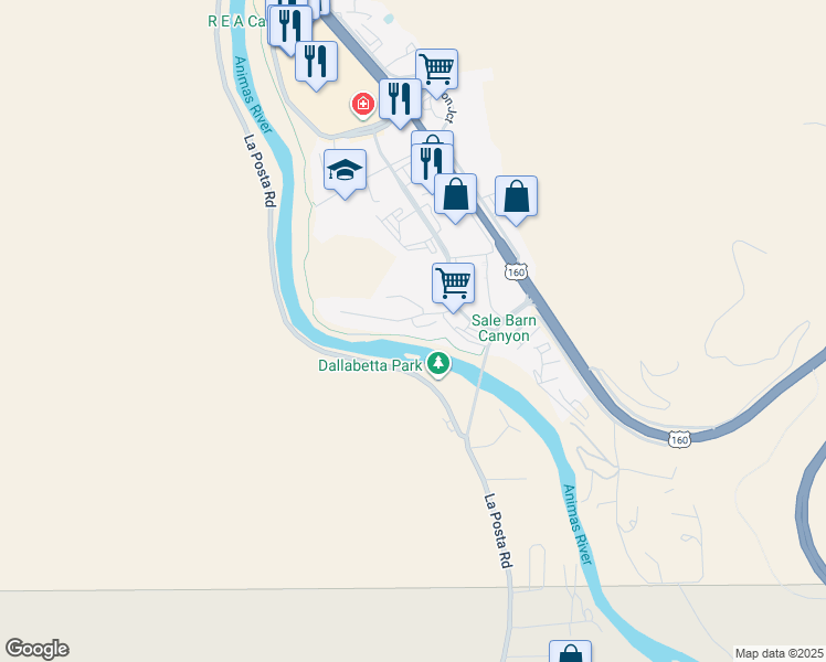 map of restaurants, bars, coffee shops, grocery stores, and more near 104 River Oaks Court in Durango
