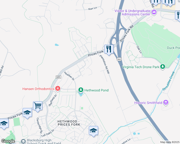 map of restaurants, bars, coffee shops, grocery stores, and more near 902 Brightwood Manor Drive in Blacksburg