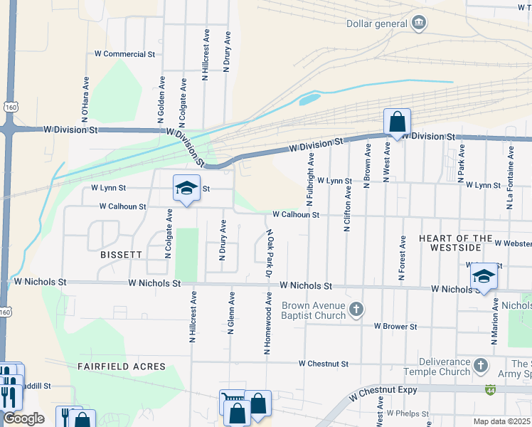 map of restaurants, bars, coffee shops, grocery stores, and more near 2831 West Calhoun Street in Springfield