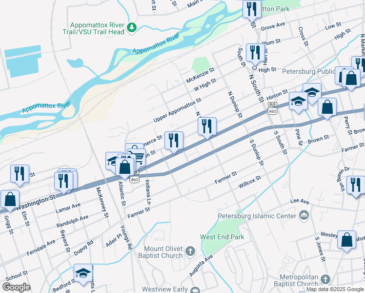 map of restaurants, bars, coffee shops, grocery stores, and more near 1157 East Washington Street in Petersburg