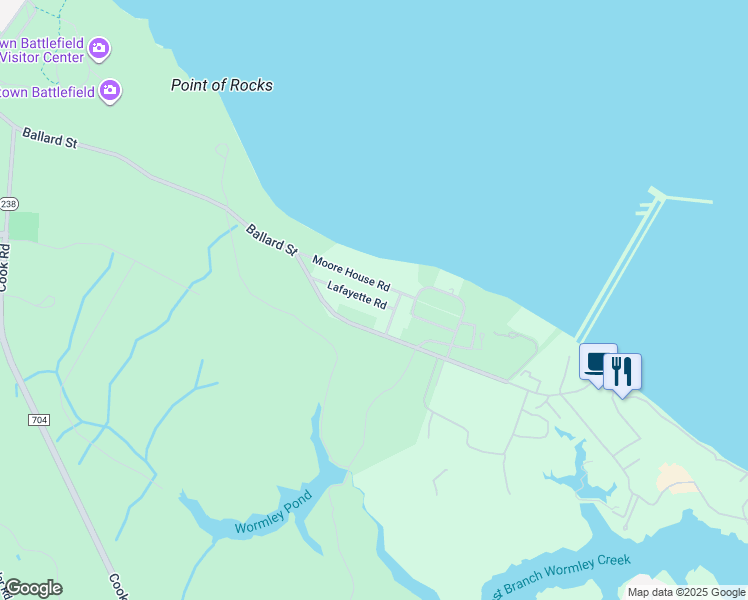 map of restaurants, bars, coffee shops, grocery stores, and more near 129 Lafayette Road in Yorktown