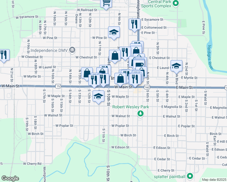 map of restaurants, bars, coffee shops, grocery stores, and more near 301 West Main Street in Independence