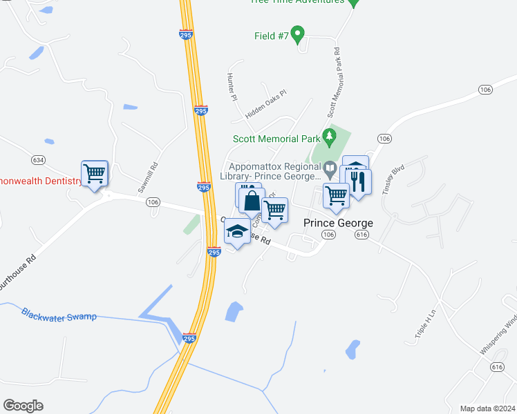 map of restaurants, bars, coffee shops, grocery stores, and more near 6573 Commons Drive in Prince George
