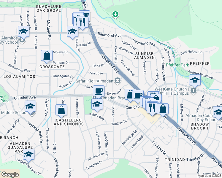 map of restaurants, bars, coffee shops, grocery stores, and more near 6433 Bose Lane in San Jose